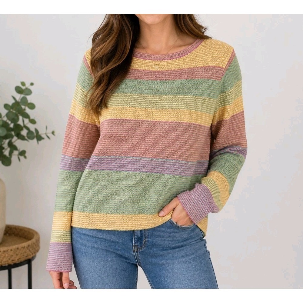 Vintage Pendleton Womens Rainbow Striped Knit Sweater Medium Pastel Long Sleeve